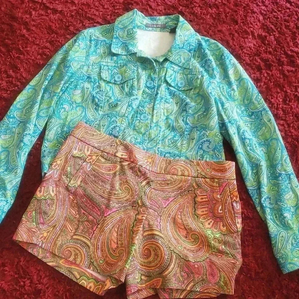 Bundle J Crew Paisley Multi Colored Shorts  Size 12 And Y2K 90s Crop Jacket XL